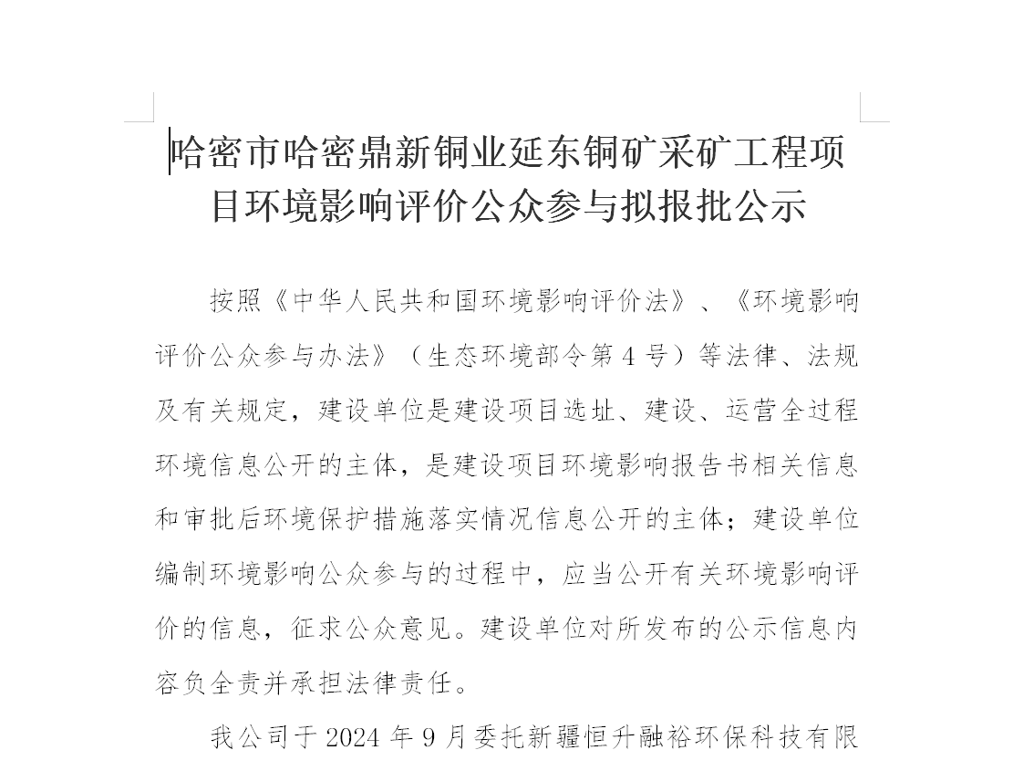 哈密市哈密suncitygroup太阳新城延东铜矿采矿工程项目环境影响评价公众参与拟报批公示